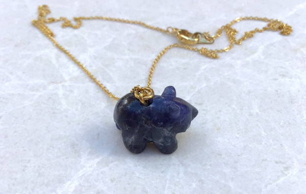 Dark Blue Bear Gemstone animal carvings necklace Gold plated chain necklace Handmade Jewelry