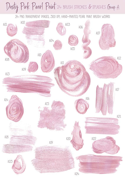 Brush Strokes Pearl Paint - Dusty Pink Pearl Paint 24 Brush Strokes & Splashes Group A - Hand painted Overlay - Instant Download Digital Clipart