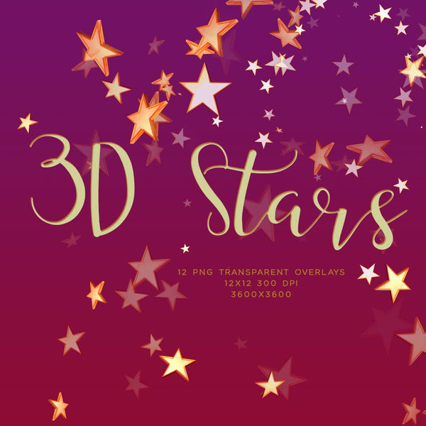 Stars 3D Stars - 12 PNG Transparent Overlays High Resolution - Instant Download Digital Clipart