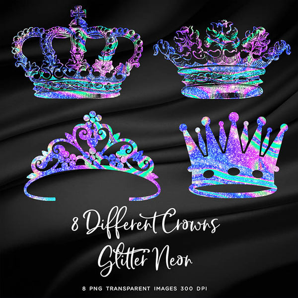 Crowns 8 Different Crowns in Neon Glitter Texture - 8 PNG Transparent Images High Resolution - Instant Download Digital Clip art