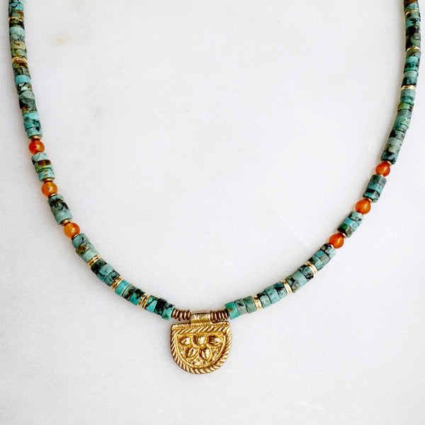 African Turquoise and Carnelian Gemstones Crystals with Brass Beads Boho Hippie Beach Design - Necklace Handmade Jewelry