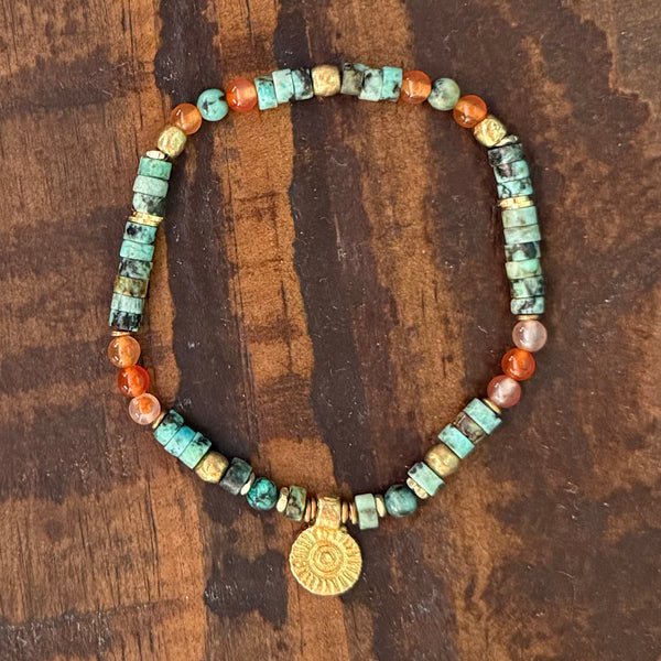 African Turquoise and Carnelian Gemstones Crystals with Brass Beads Boho Hippie Beach Design - Stretch Bracelet Handmade Jewelry