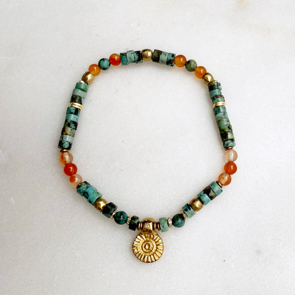 African Turquoise and Carnelian Gemstones Crystals with Brass Beads Boho Hippie Beach Design - Stretch Bracelet Handmade Jewelry