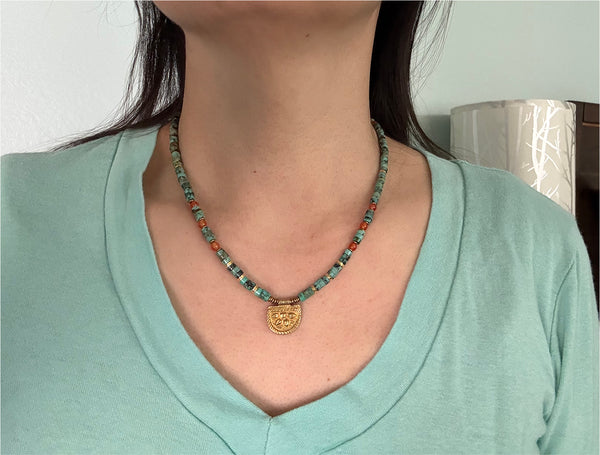 African Turquoise and Carnelian Gemstones Crystals with Brass Beads Boho Hippie Beach Design - Necklace Handmade Jewelry