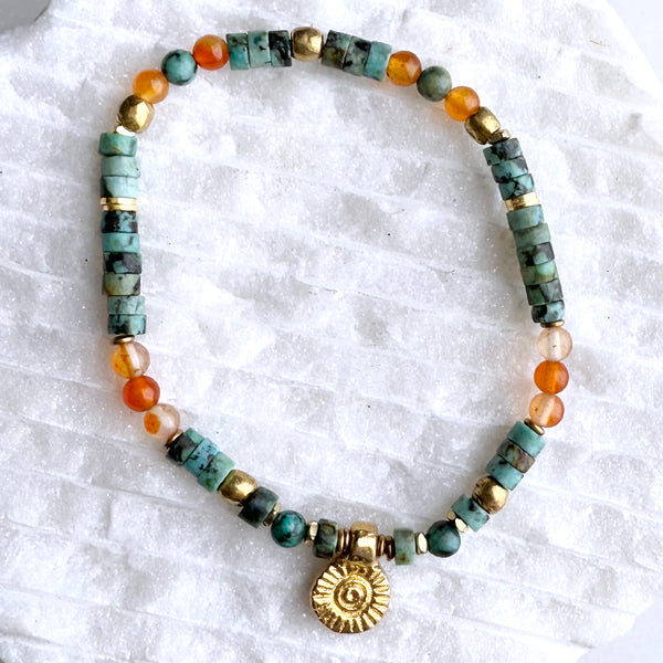 African Turquoise and Carnelian Gemstones Crystals with Brass Beads Boho Hippie Beach Design - Stretch Bracelet Handmade Jewelry
