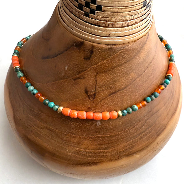 Antique Red Coral, African Turquoise, Carnelian, and Metal Brass Beads Necklace Handmade Jewelry - Boho Hippie Beach Birthday Special Gift