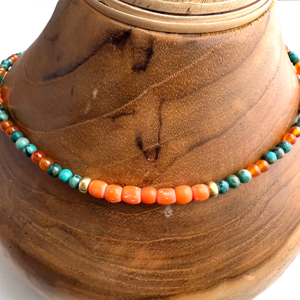 Antique Red Coral, African Turquoise, Carnelian, and Metal Brass Beads Necklace Handmade Jewelry - Boho Hippie Beach Birthday Special Gift