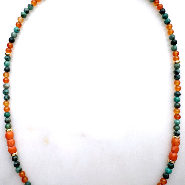 Antique Red Coral, African Turquoise, Carnelian, and Metal Brass Beads Necklace Handmade Jewelry - Boho Hippie Beach Birthday Special Gift