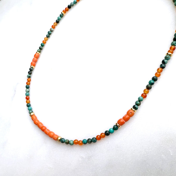 Antique Red Coral, African Turquoise, Carnelian, and Metal Brass Beads Necklace Handmade Jewelry - Boho Hippie Beach Birthday Special Gift