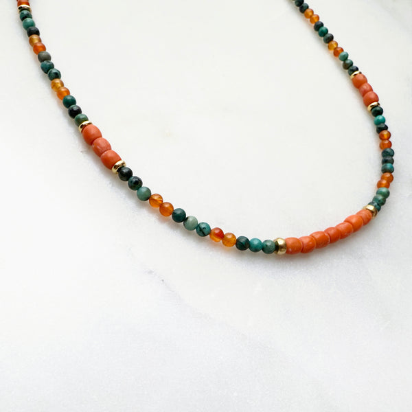 Antique Red Coral, African Turquoise, Carnelian, and Metal Brass Beads Necklace Handmade Jewelry - Boho Hippie Beach Birthday Special Gift