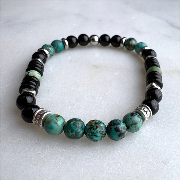 African Turquoise and Black Onyx Beads Gemstones Crystals Boho Hippie Design - Stretch Bracelet Handmade Jewelry