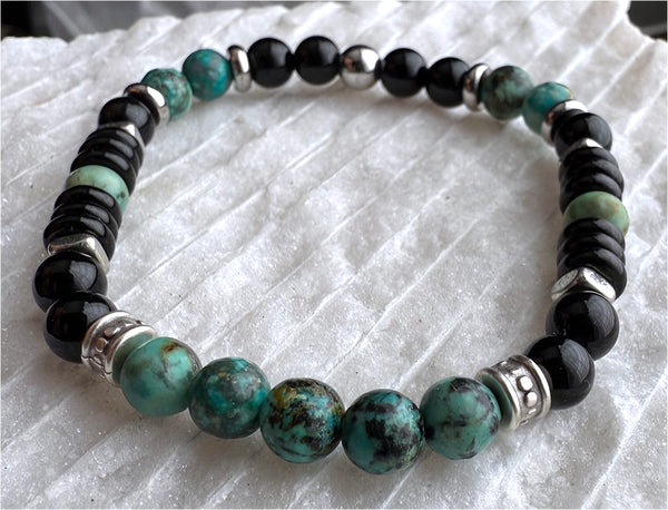 African Turquoise and Black Onyx Beads Gemstones Crystals Boho Hippie Design - Stretch Bracelet Handmade Jewelry