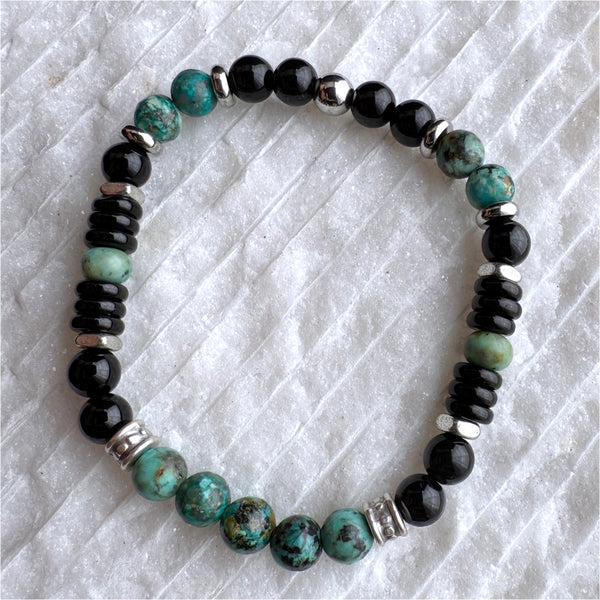 African Turquoise and Black Onyx Beads Gemstones Crystals Boho Hippie Design - Stretch Bracelet Handmade Jewelry