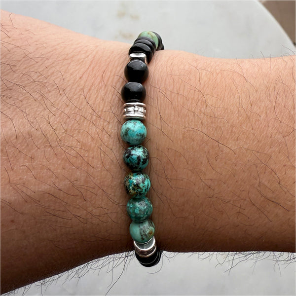 African Turquoise and Black Onyx Beads Gemstones Crystals Boho Hippie Design - Stretch Bracelet Handmade Jewelry