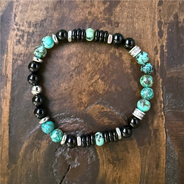 African Turquoise and Black Onyx Beads Gemstones Crystals Boho Hippie Design - Stretch Bracelet Handmade Jewelry