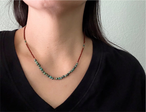 African Turquoise Gemstones Crystals & Glass Beads Boho Hippie Beach Design - Handmade Jewelry Necklace