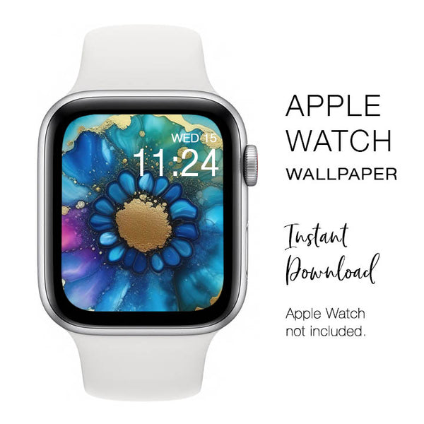 Apple Watch WALLPAPER - Alcohol Flower Blue & Gold - Instant Download - Watch Background Apple Watch face design