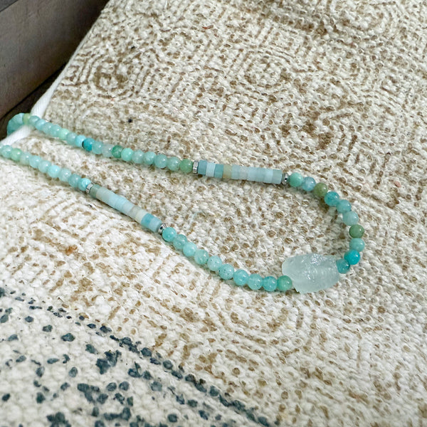 Blue Green Amazonite and Aquamarine Gemstones Crystals Boho Hippie Beach Design - Handmade Jewelry Necklace or Bracelet