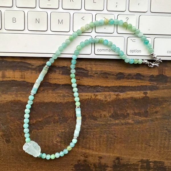 Blue Green Amazonite and Aquamarine Gemstones Crystals Boho Hippie Beach Design - Handmade Jewelry Necklace or Bracelet