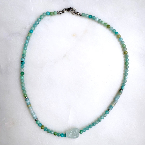 Blue Green Amazonite and Aquamarine Gemstones Crystals Boho Hippie Beach Design - Handmade Jewelry Necklace or Bracelet