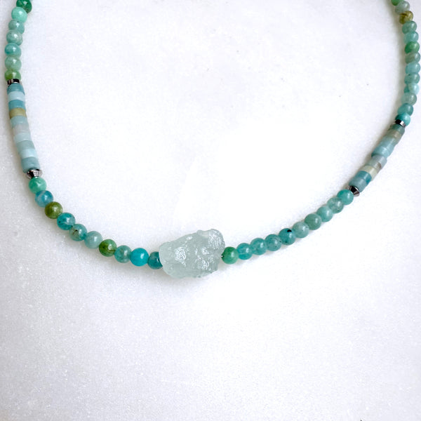 Blue Green Amazonite and Aquamarine Gemstones Crystals Boho Hippie Beach Design - Handmade Jewelry Necklace or Bracelet