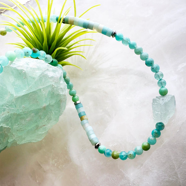 Blue Green Amazonite and Aquamarine Gemstones Crystals Boho Hippie Beach Design - Handmade Jewelry Necklace or Bracelet