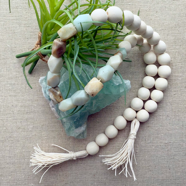 Coastal Home Decor with Genuine Natural Amazonite Gemstone Beads & Wood Beads design 07 - Boho Bohemian Decor, Garland