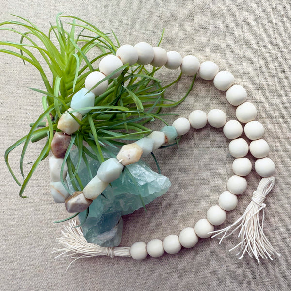 Coastal Home Decor with Genuine Natural Amazonite Gemstone Beads & Wood Beads design 07 - Boho Bohemian Decor, Garland