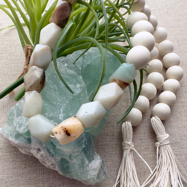 Coastal Home Decor with Genuine Natural Amazonite Gemstone Beads & Wood Beads design 07 - Boho Bohemian Decor, Garland