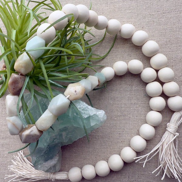 Coastal Home Decor with Genuine Natural Amazonite Gemstone Beads & Wood Beads design 07 - Boho Bohemian Decor, Garland