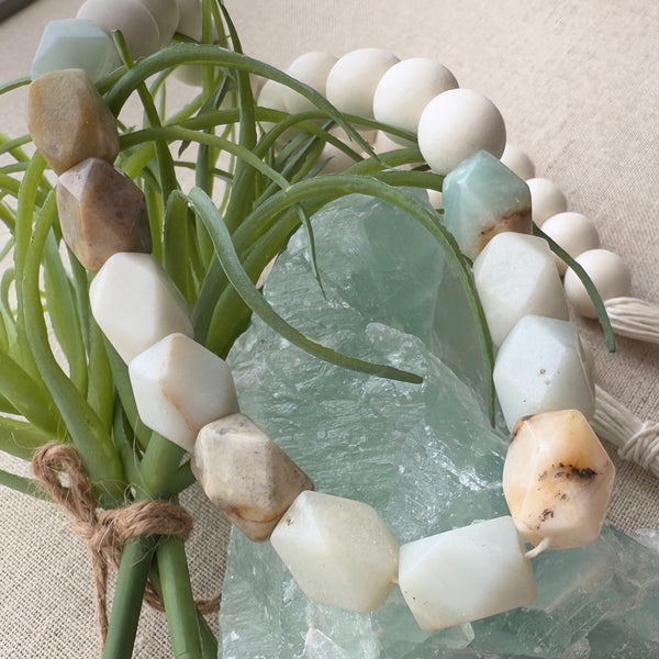 Coastal Home Decor with Genuine Natural Amazonite Gemstone Beads & Wood Beads design 07 - Boho Bohemian Decor, Garland