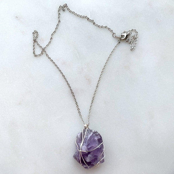 Amethyst Raw Crystal Gemstone Wirewrapped 01 - Necklace Handmade Jewelry - Great gift