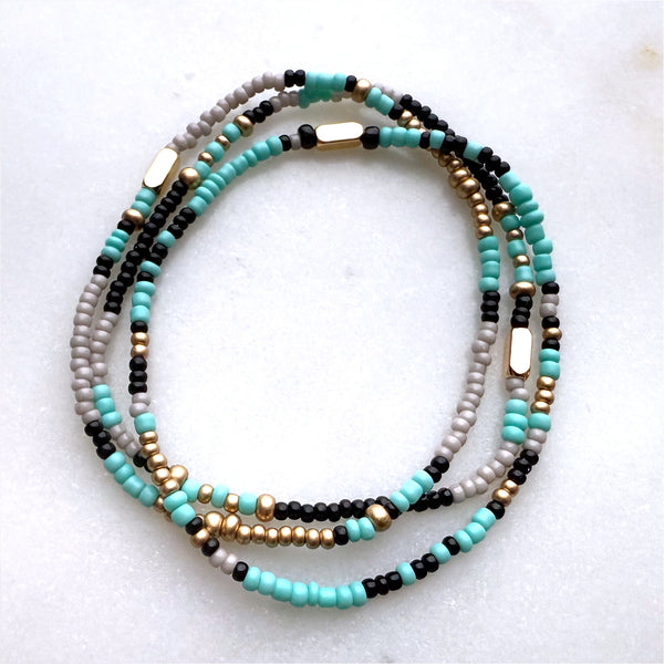 Aqua Grey Black and Gold Czech Glass Seed Beads Stretch Bracelet Boho Hippie Beach Design - Handmade Jewelry