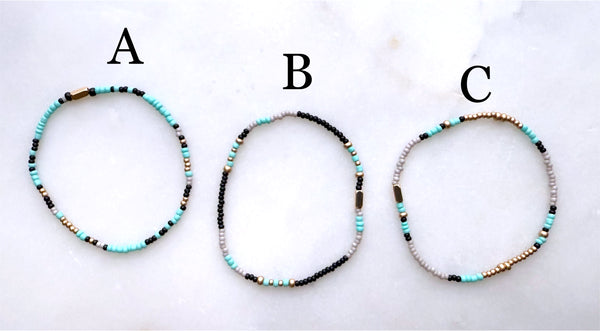 Aqua Grey Black and Gold Czech Glass Seed Beads Stretch Bracelet Boho Hippie Beach Design - Handmade Jewelry