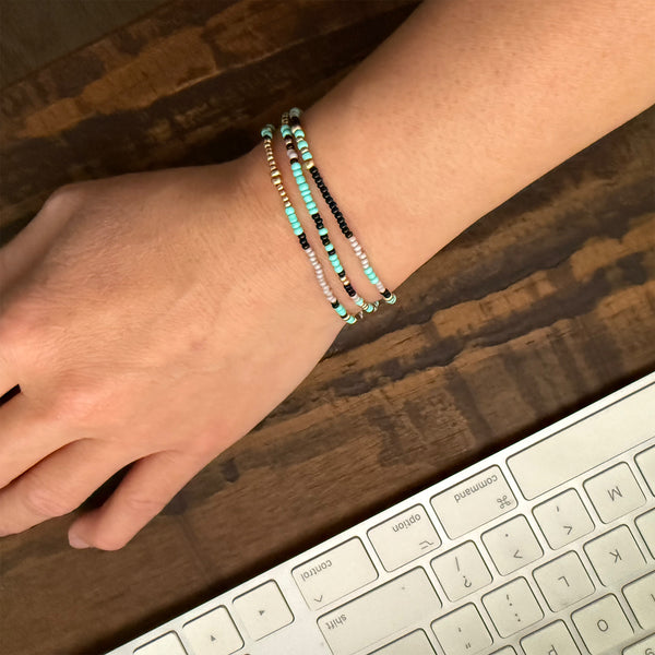 Aqua Grey Black and Gold Czech Glass Seed Beads Stretch Bracelet Boho Hippie Beach Design - Handmade Jewelry