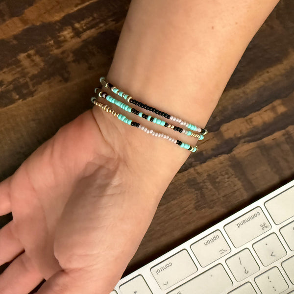 Aqua Grey Black and Gold Czech Glass Seed Beads Stretch Bracelet Boho Hippie Beach Design - Handmade Jewelry