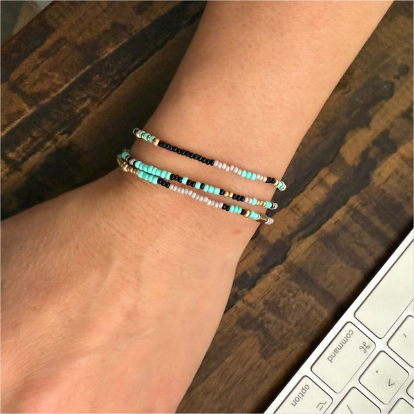 Aqua Grey Black and Gold Czech Glass Seed Beads Stretch Bracelet Boho Hippie Beach Design - Handmade Jewelry