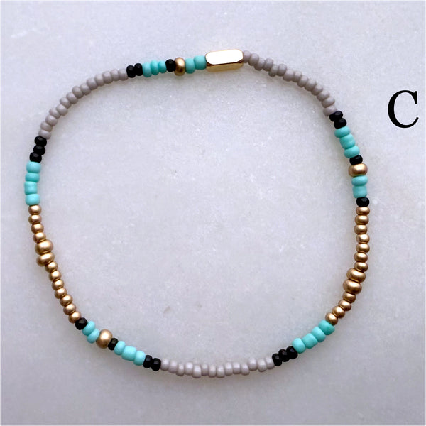 Aqua Grey Black and Gold Czech Glass Seed Beads Stretch Bracelet Boho Hippie Beach Design - Handmade Jewelry