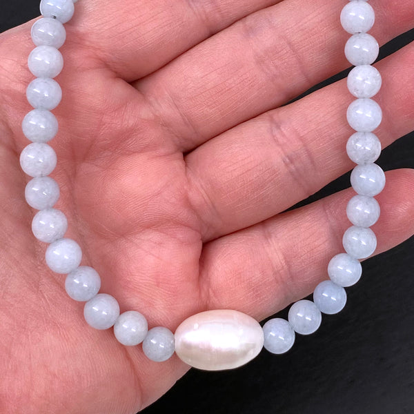 Aquamarine Round Beads and a Large Freshwater Pearl Sterling Silver Necklace Handmade Boho Beach Jewelry