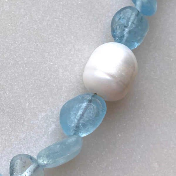Aquamarine Pebbles and Two Freshwater Pearls Sterling Silver Necklace Handmade Boho Beach Jewelry