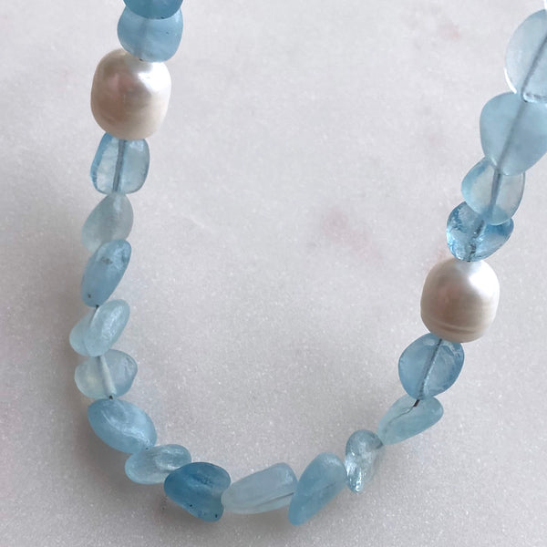 Aquamarine Pebbles and Two Freshwater Pearls Sterling Silver Necklace Handmade Boho Beach Jewelry