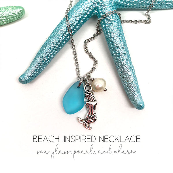 Beach Sea Glass Necklace with Freshwater Pearl, Sea Glass & Starfish Turtle Mermaid Mountain Trees Angel Wings Horse Charm Handmade Jewelry