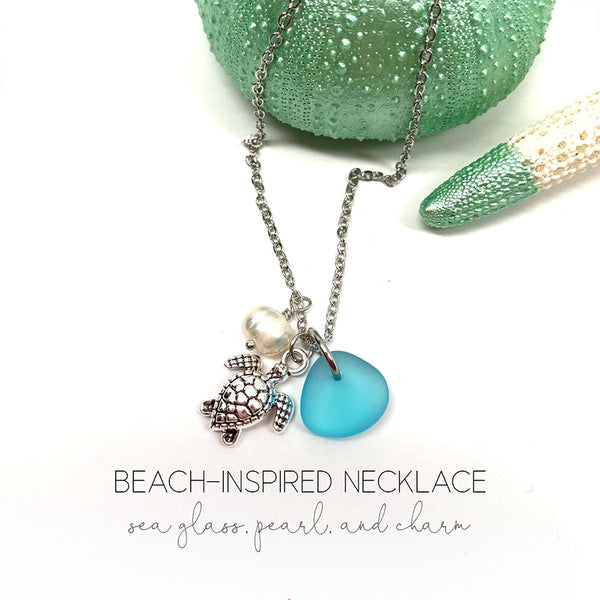 Beach Sea Glass Necklace with Freshwater Pearl, Sea Glass & Starfish Turtle Mermaid Mountain Trees Angel Wings Horse Charm Handmade Jewelry