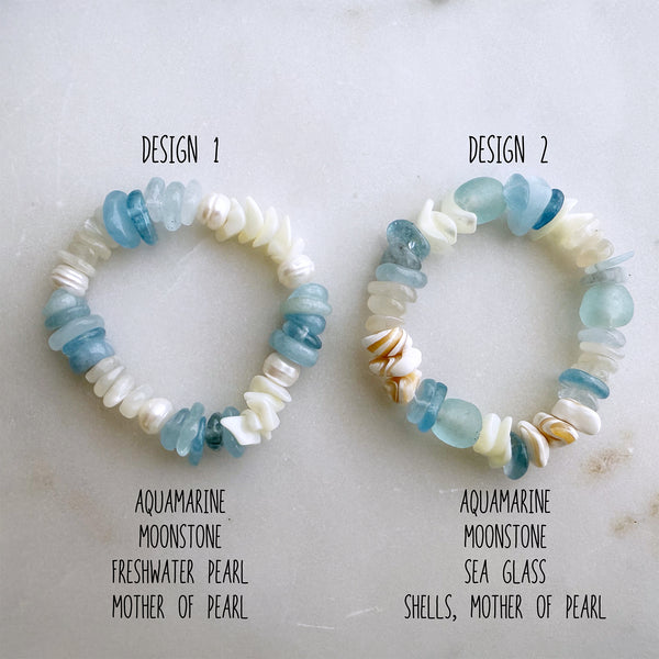 Beach Inspired Stretch Bracelet made of Aquamarine Gemstone, Shells, Sea Glass Beads Gemstones Crystals Boho Hippie Design - Handmade Jewelry
