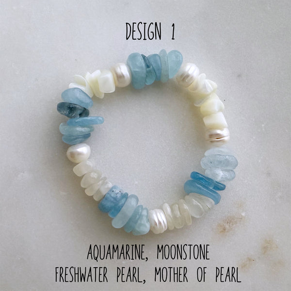 Beach Inspired Stretch Bracelet made of Aquamarine Gemstone, Shells, Sea Glass Beads Gemstones Crystals Boho Hippie Design - Handmade Jewelry