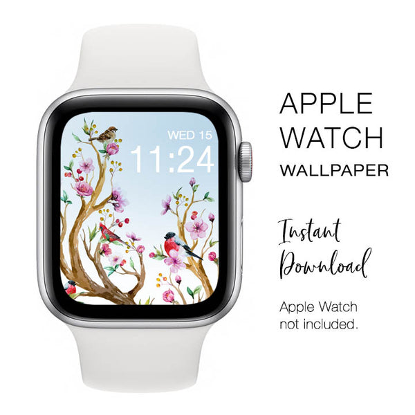 Apple Watch WALLPAPER - Birds on Tree Branch Watercolor - Instant Download - Watch Background Apple Watch face design