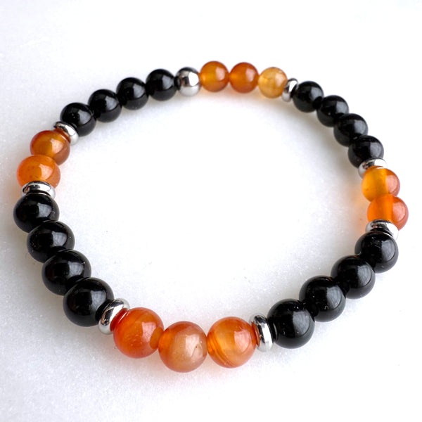 Carnelian and Black Onyx Beads Gemstones Crystals Boho Hippie Design - Stretch Bracelet Handmade Jewelry