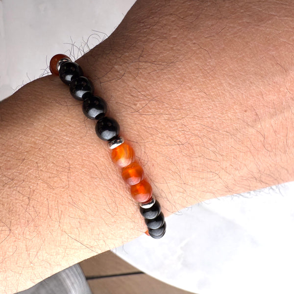 Carnelian and Black Onyx Beads Gemstones Crystals Boho Hippie Design - Stretch Bracelet Handmade Jewelry