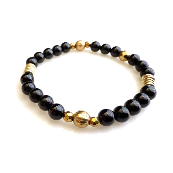 Black Onyx and Gold Brass Beads Gemstones Crystals Boho Hippie Design - Stretch Bracelet Handmade Jewelry