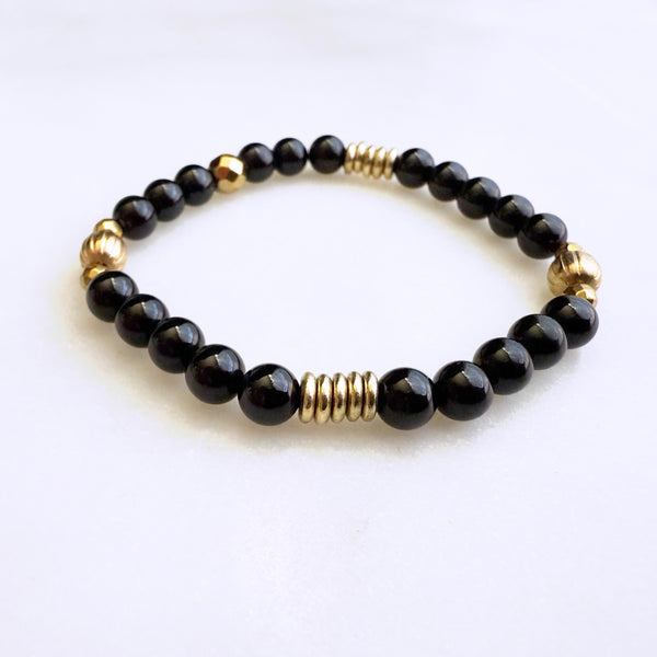 Black Onyx and Gold Brass Beads Gemstones Crystals Boho Hippie Design - Stretch Bracelet Handmade Jewelry